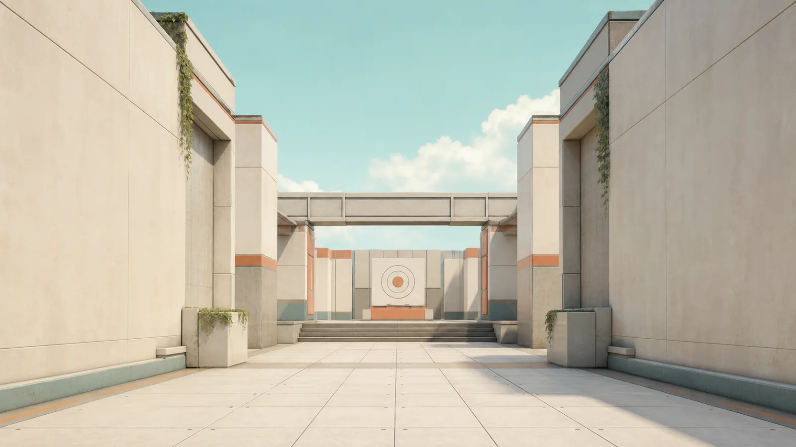 Bright geometric practice range with a centered target and open sightline