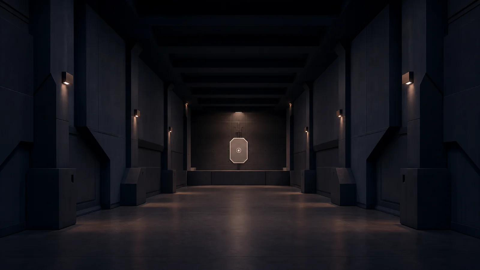 Dark navy practice corridor with warm lights and a centered target